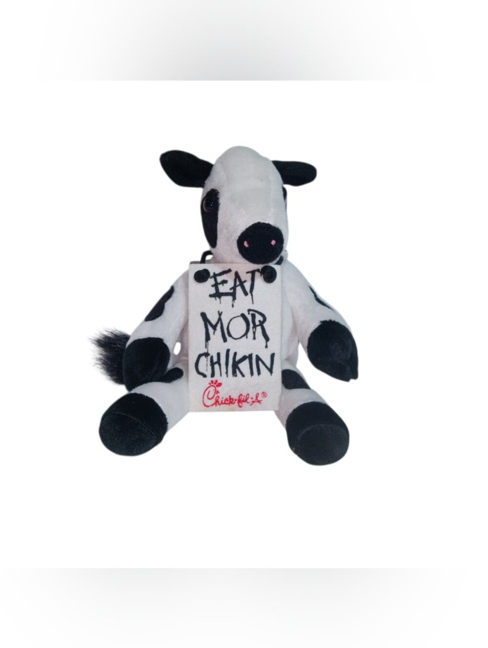 Chick-fil-A Plush Cow holding "Eat Mor Chikin" Sign Black & White